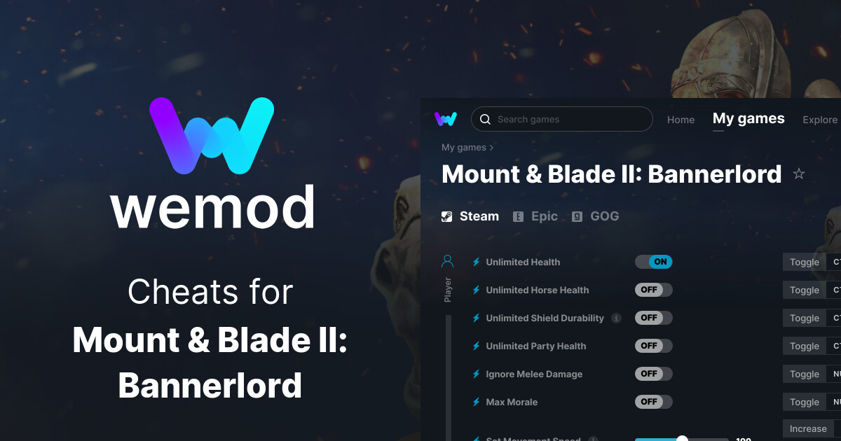 Get 33 cheats for Mount & Blade II: Bannerlord with WeMod, the Ultimate PC Game Modding App