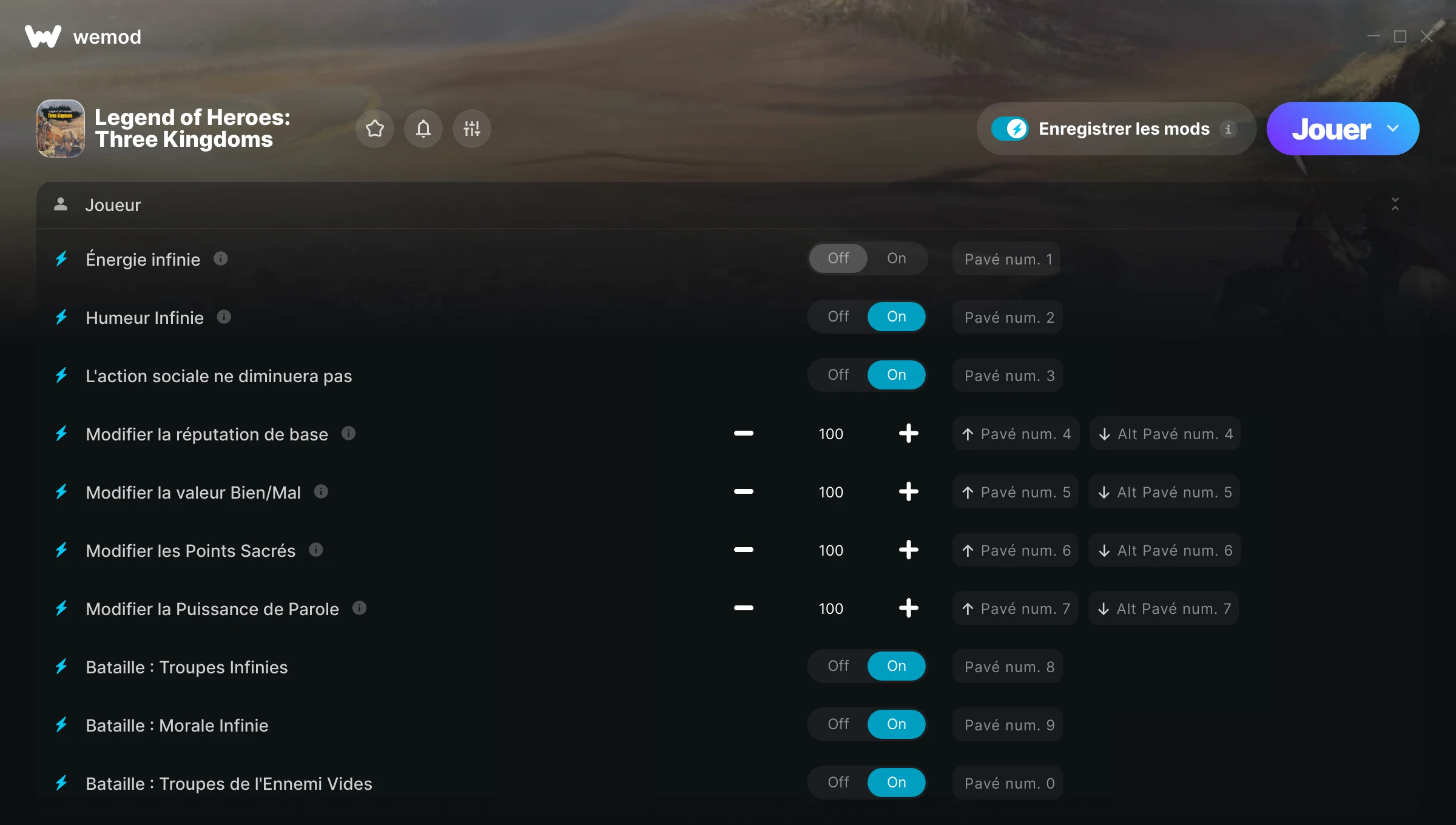 Capture d’écran des cheats pour Legend of Heroes: Three Kingdoms