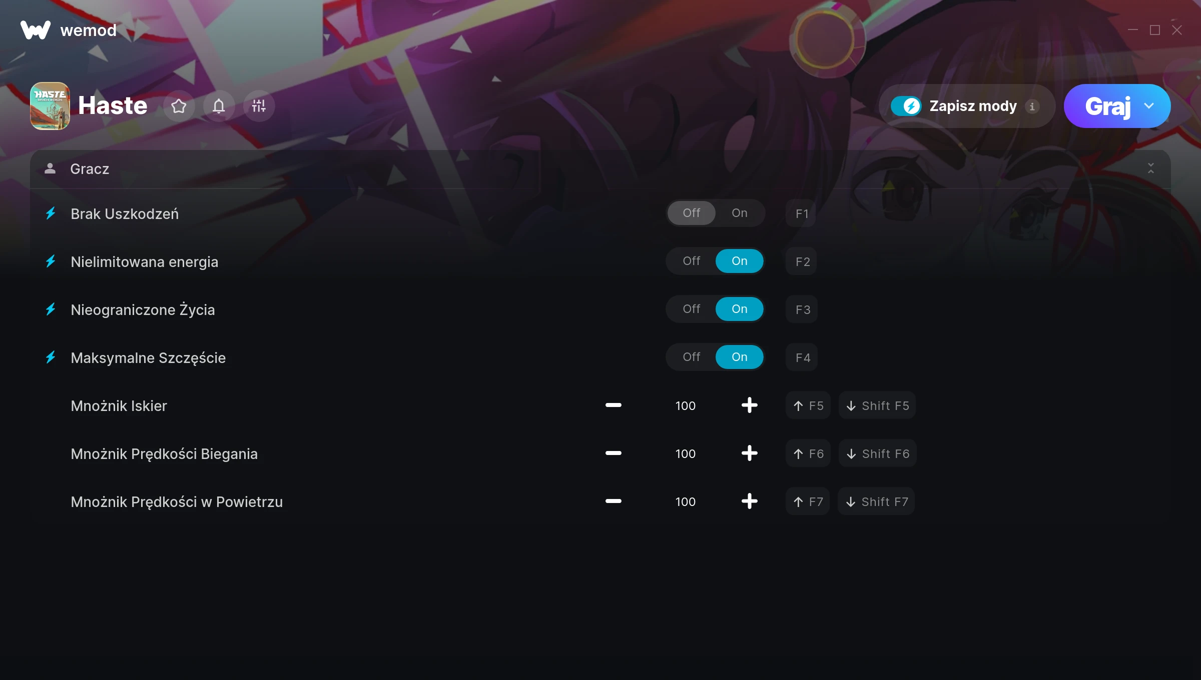 Cheaty do Haste – zrzut ekranu