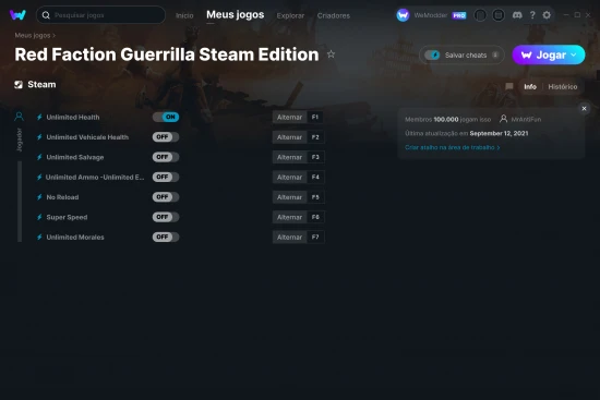 Captura de tela de cheats do Red Faction Guerrilla Steam Edition