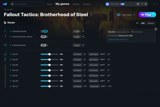 Fallout Tactics: Brotherhood of Steel cheats screenshot