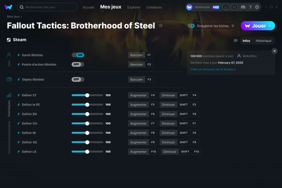 Capture d'écran de triches de Fallout Tactics: Brotherhood of Steel
