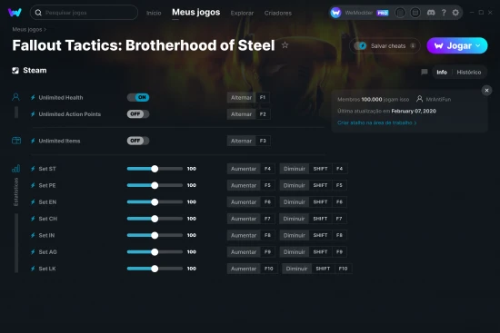 Captura de tela de cheats do Fallout Tactics: Brotherhood of Steel