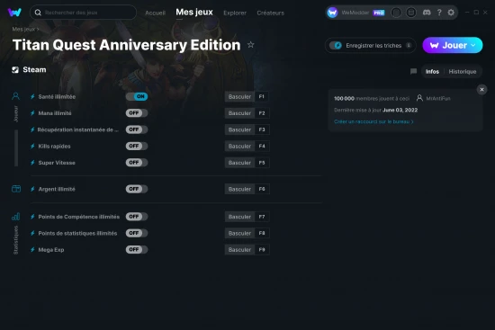 Capture d'écran de triches de Titan Quest Anniversary Edition