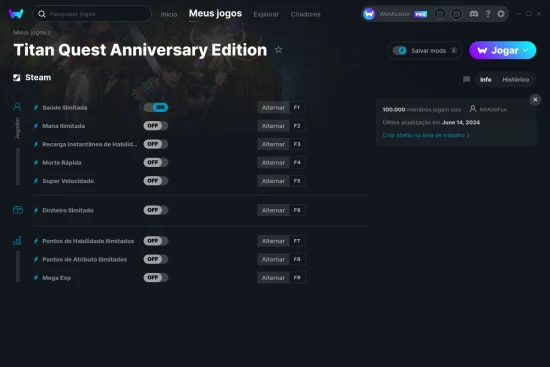 Captura de tela de cheats do Titan Quest Anniversary Edition