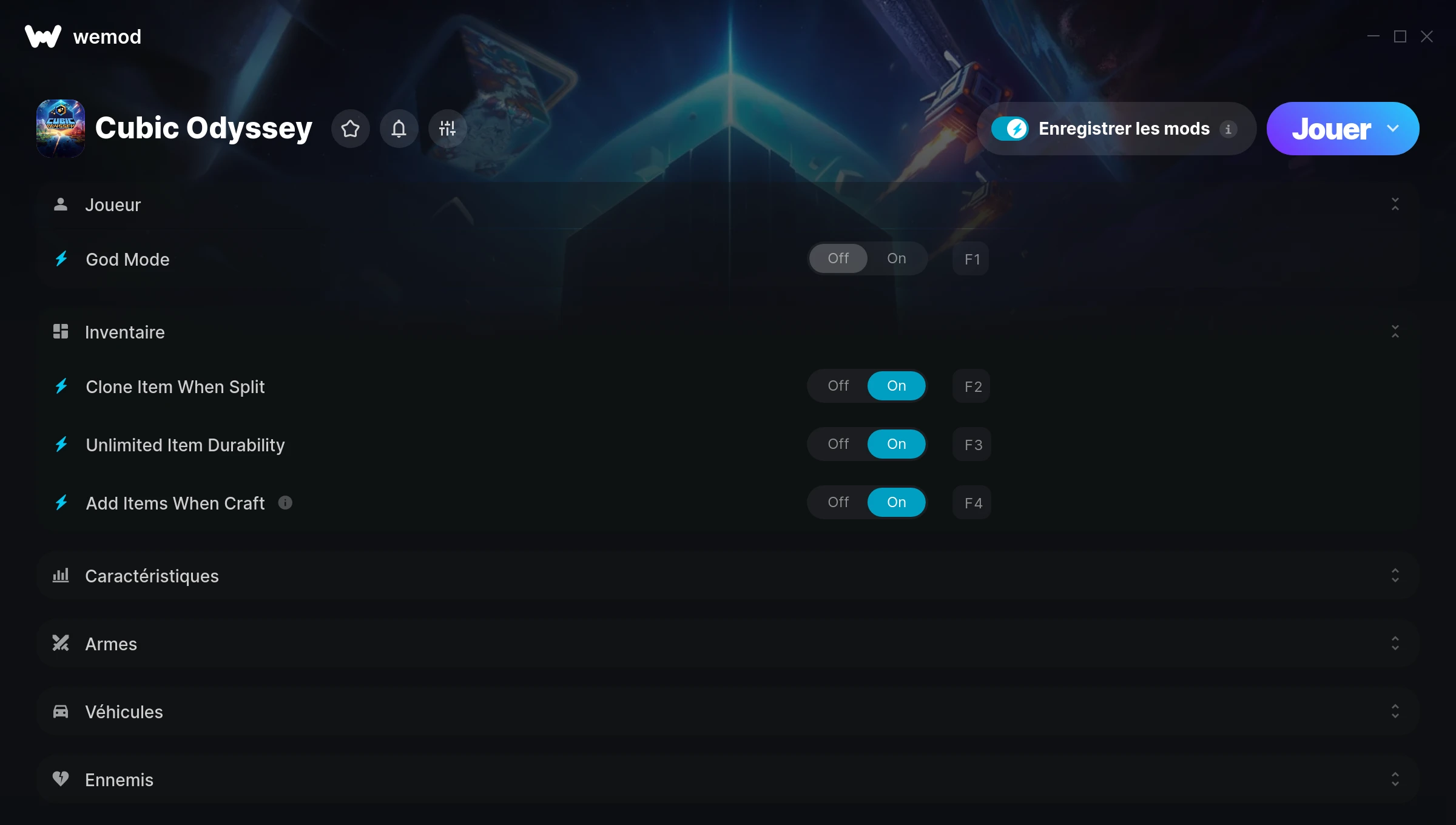 Capture d’écran des cheats pour Cubic Odyssey