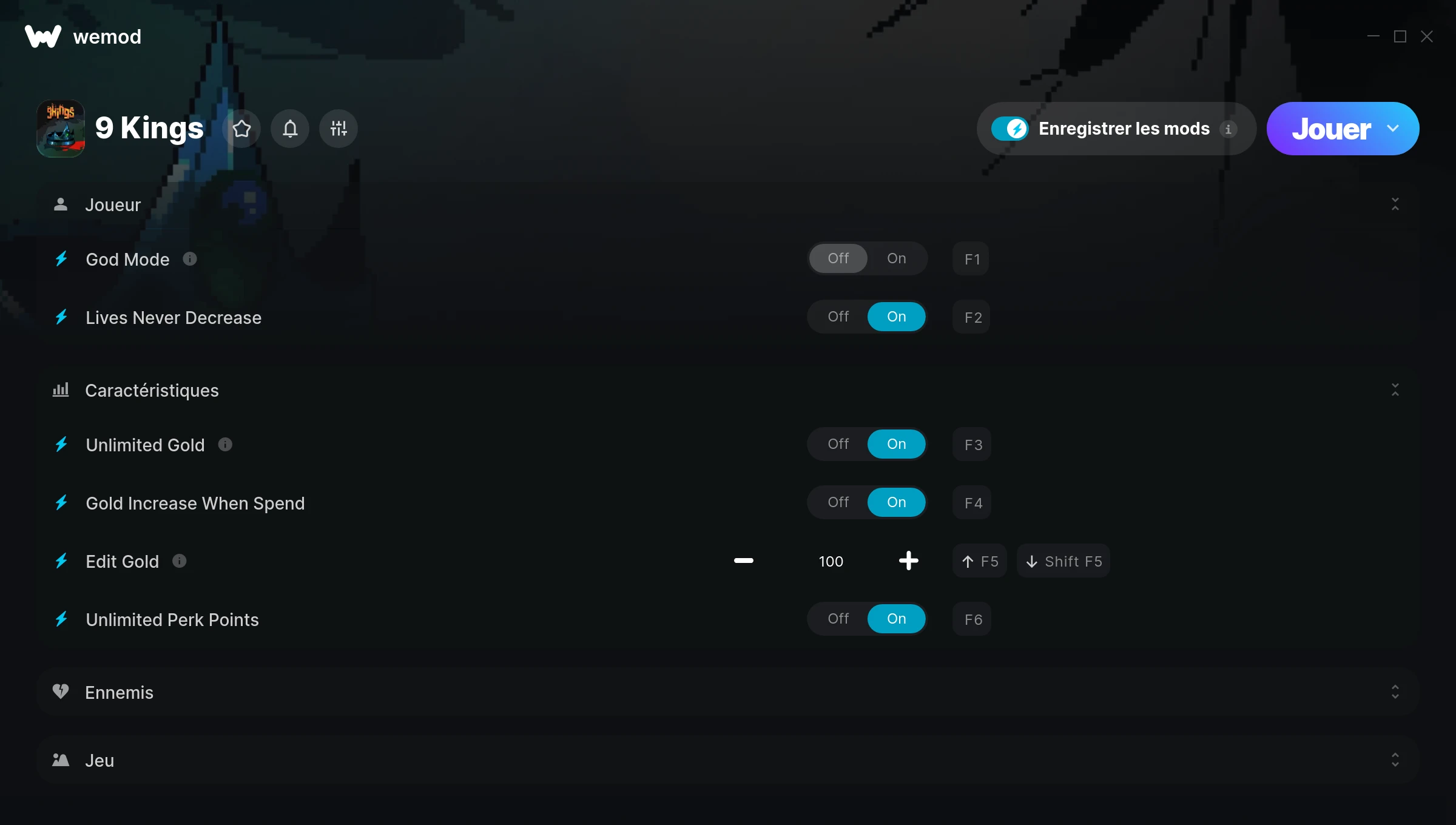 Capture d’écran des cheats pour 9 Kings