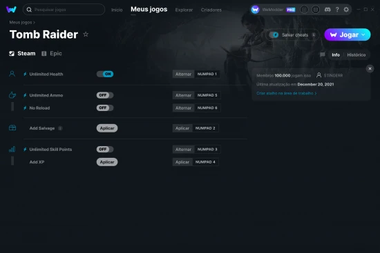Captura de tela de cheats do Tomb Raider