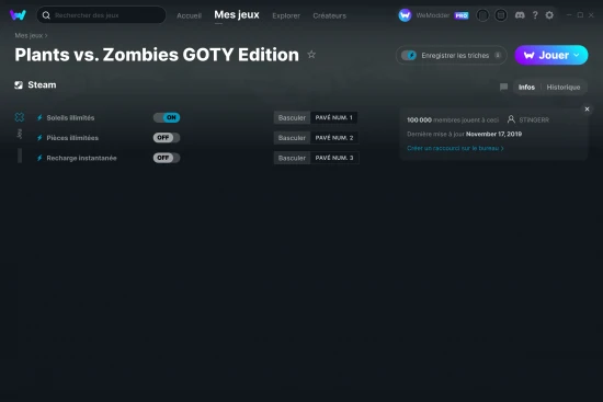 Capture d'écran de triches de Plants vs. Zombies GOTY Edition