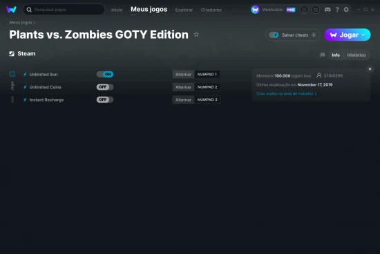 Captura de tela de cheats do Plants vs. Zombies GOTY Edition