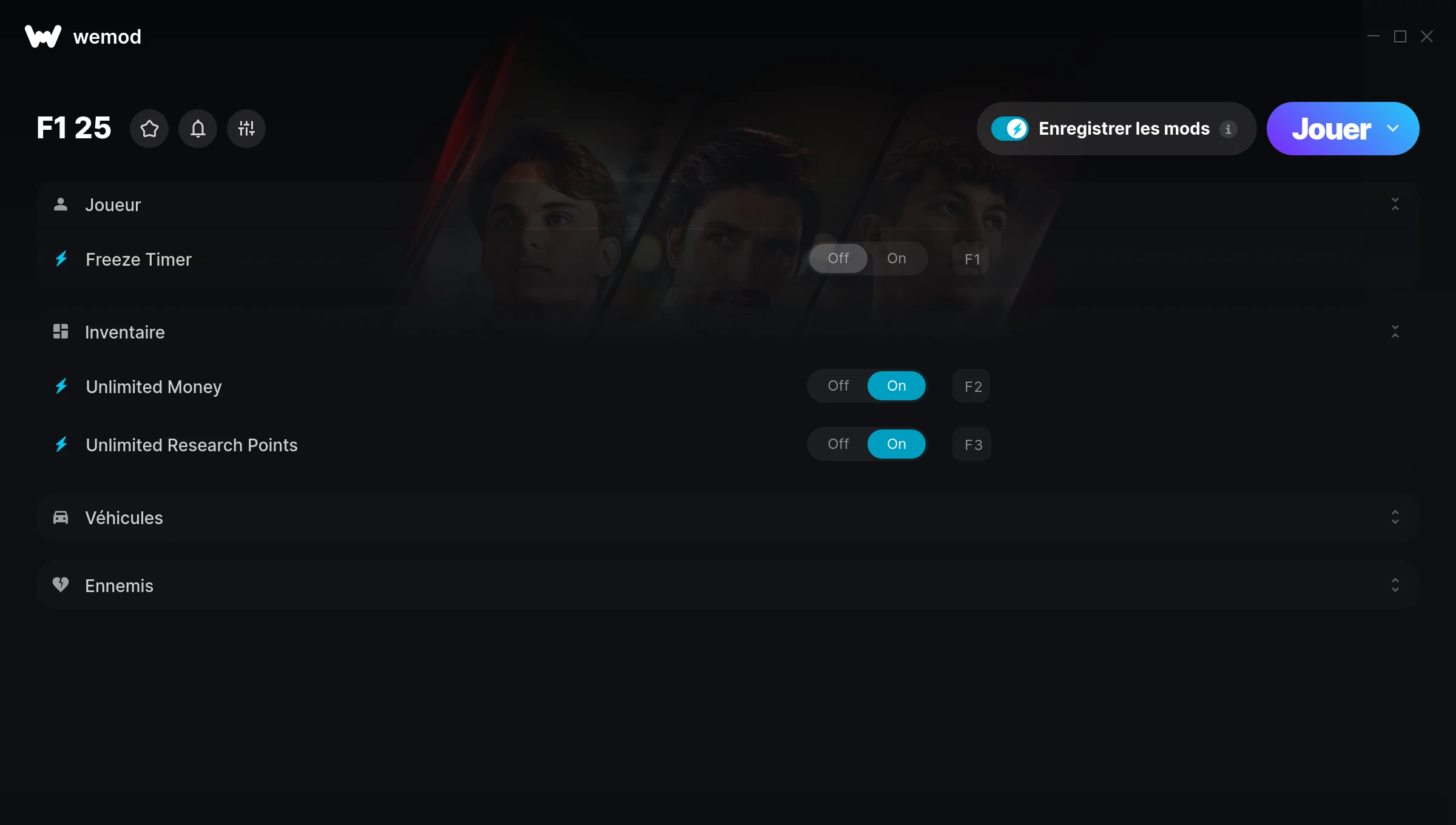 Capture d’écran des cheats pour F1 25