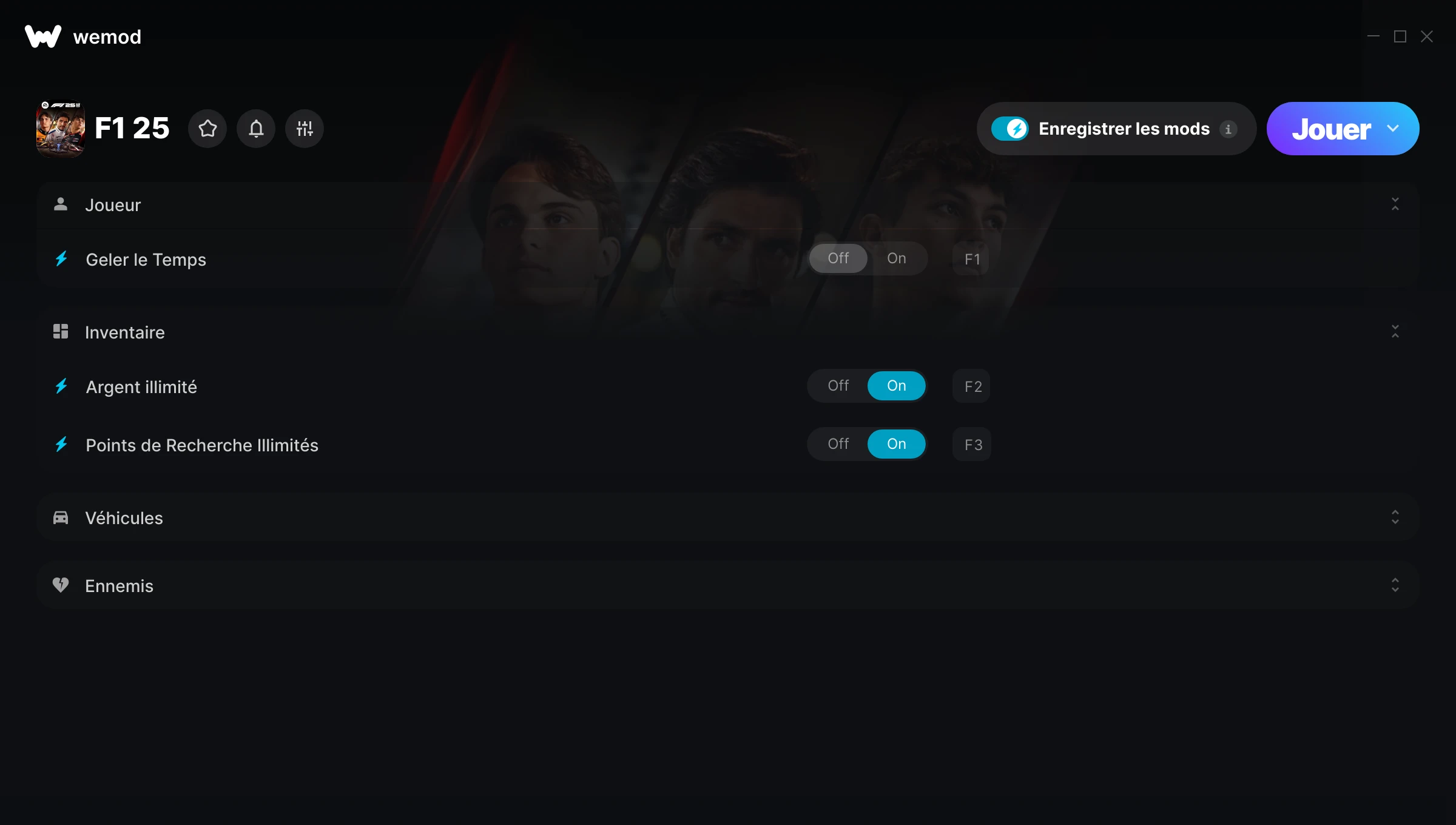 Capture d’écran des cheats pour F1 25