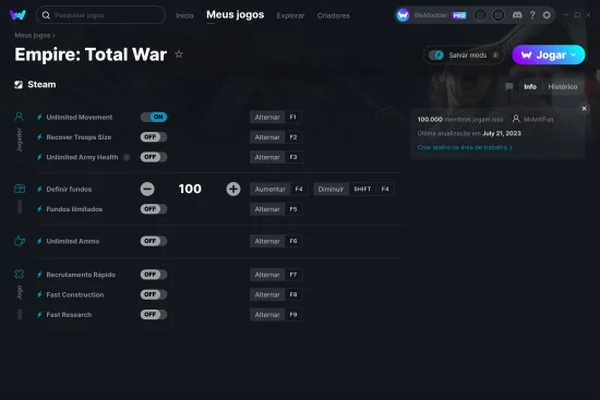 Captura de tela de cheats do Empire: Total War