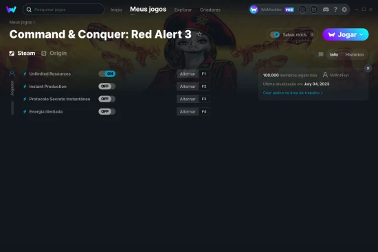 Captura de tela de cheats do Command & Conquer: Red Alert 3