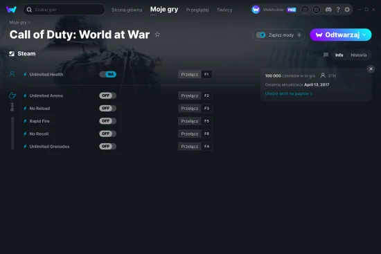 cheaty Call of Duty: World at War zrzut ekranu