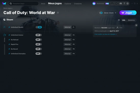 Captura de tela de cheats do Call of Duty: World at War