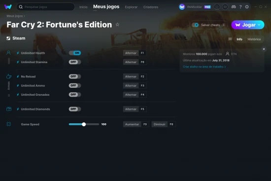 Captura de tela de cheats do Far Cry 2: Fortune's Edition