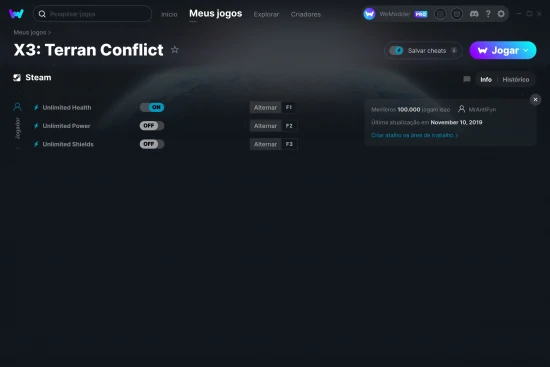 Captura de tela de cheats do X3: Terran Conflict