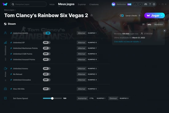 Captura de tela de cheats do Tom Clancy's Rainbow Six Vegas 2