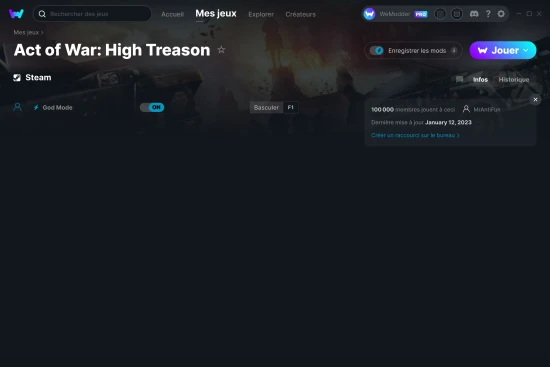 Capture d'écran de triches de Act of War: High Treason