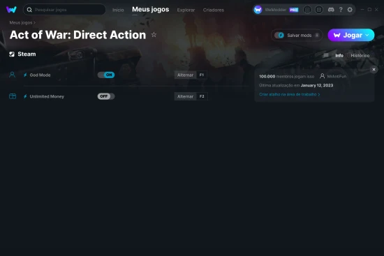 Captura de tela de cheats do Act of War: Direct Action