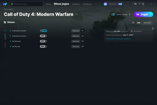Captura de tela de cheats do Call of Duty 4: Modern Warfare