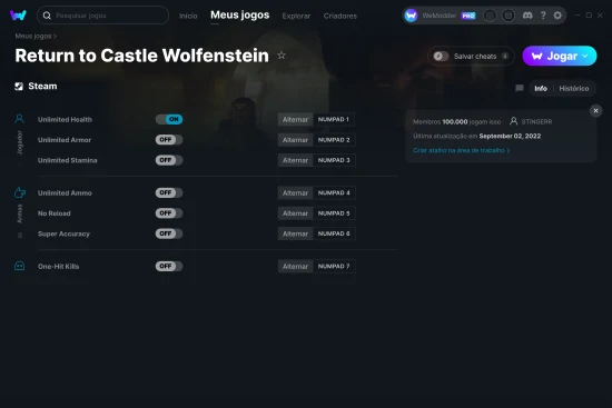 Captura de tela de cheats do Return to Castle Wolfenstein