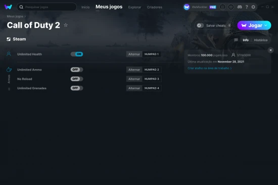 Captura de tela de cheats do Call of Duty 2