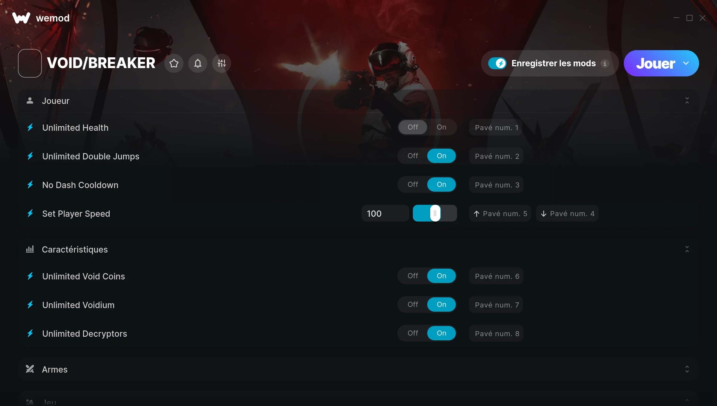 Capture d’écran des cheats pour VOID/BREAKER