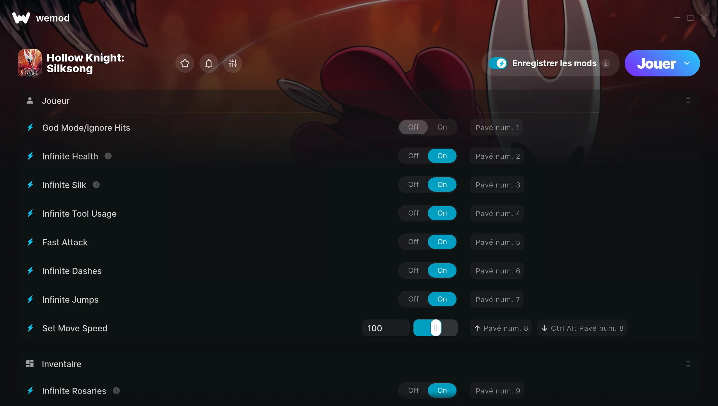 Capture d’écran des cheats pour Hollow Knight: Silksong