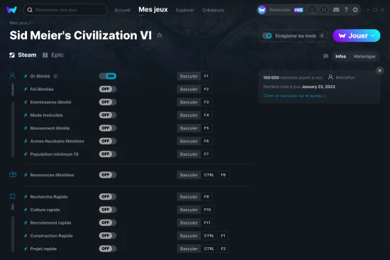 Capture d'écran de triches de Sid Meier's Civilization VI