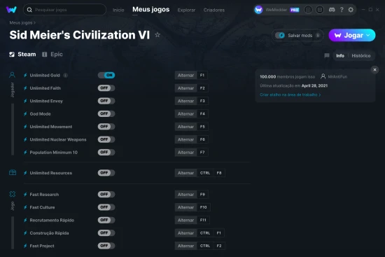 Captura de tela de cheats do Sid Meier's Civilization VI