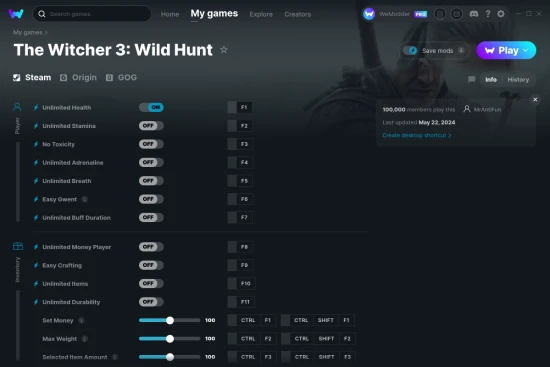 The Witcher 3: Wild Hunt cheats screenshot