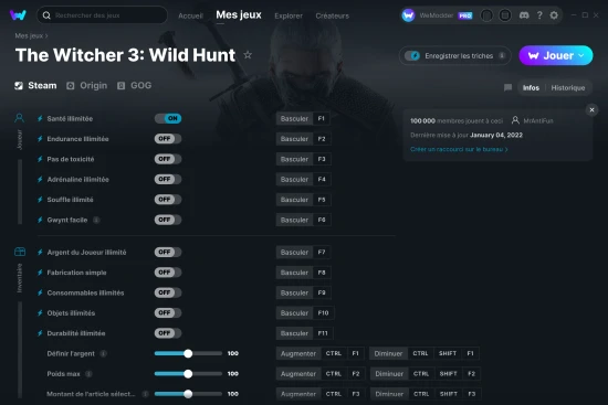 Capture d'écran de triches de The Witcher 3: Wild Hunt