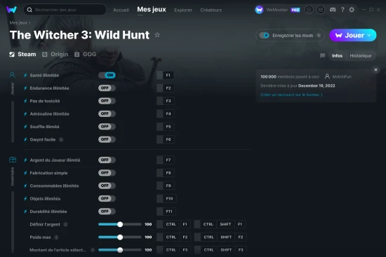 Capture d'écran de triches de The Witcher 3: Wild Hunt