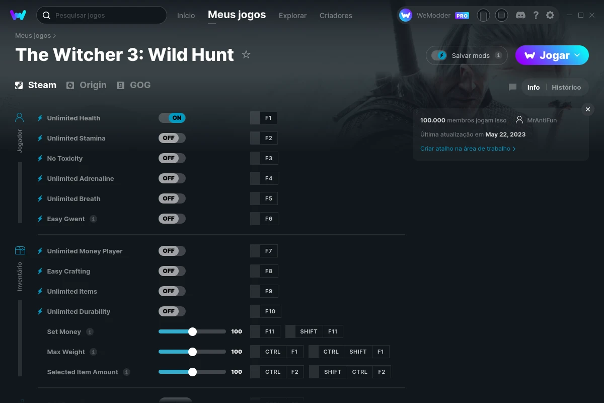 Captura de tela de cheats do The Witcher 3: Wild Hunt