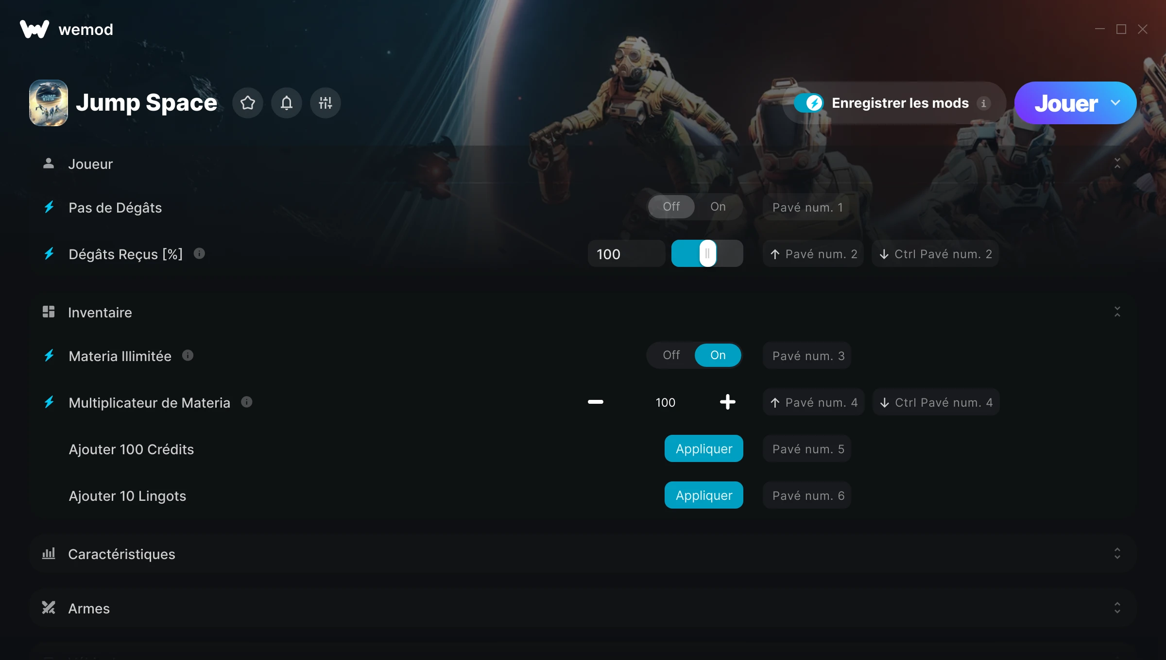 Capture d’écran des cheats pour Jump Space