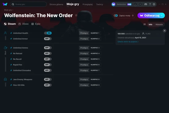 cheaty Wolfenstein: The New Order zrzut ekranu