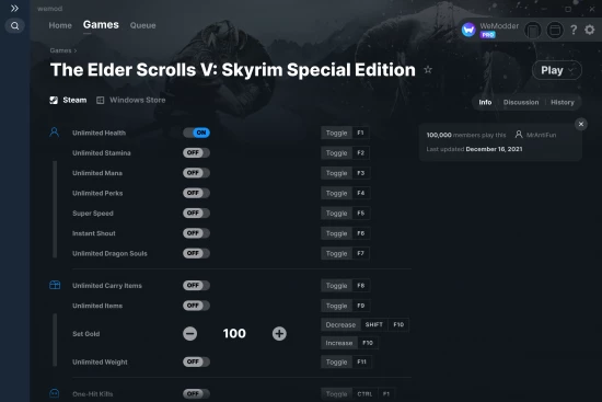 The Elder Scrolls V: Skyrim Special Edition cheats screenshot
