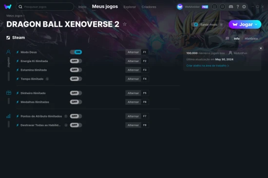 Captura de tela de cheats do DRAGON BALL XENOVERSE 2