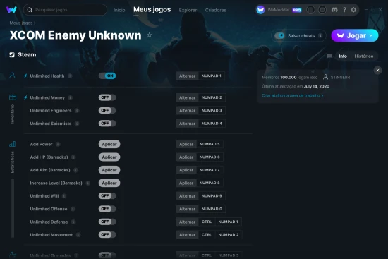 Captura de tela de cheats do XCOM Enemy Unknown