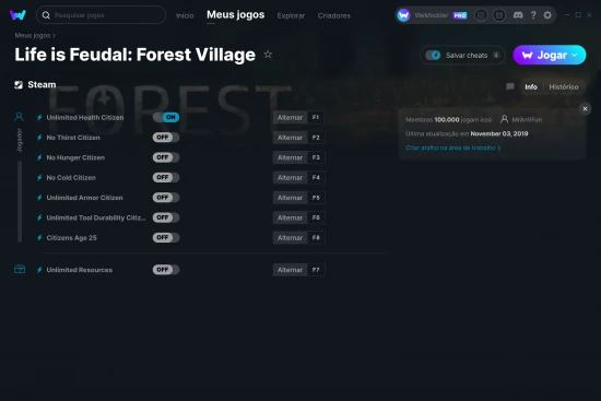 Captura de tela de cheats do Life is Feudal: Forest Village