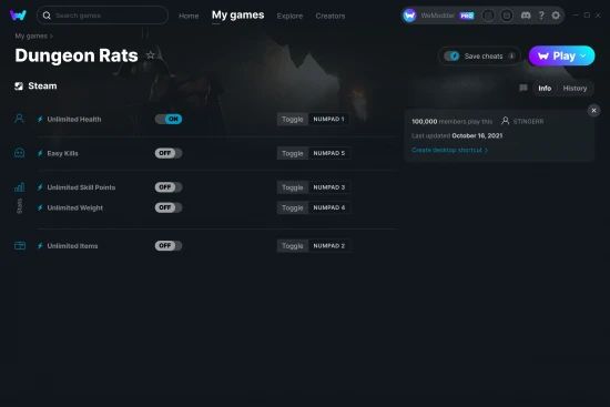 Dungeon Rats cheats screenshot