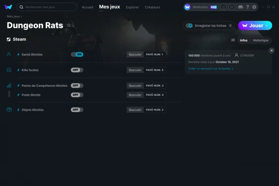 Capture d'écran de triches de Dungeon Rats