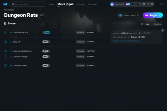 Captura de tela de cheats do Dungeon Rats