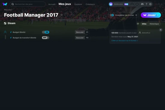 Capture d'écran de triches de Football Manager 2017
