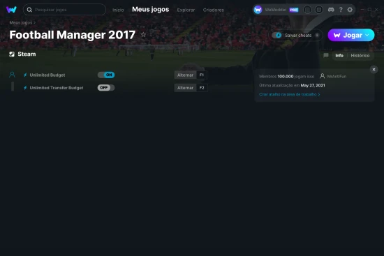 Captura de tela de cheats do Football Manager 2017