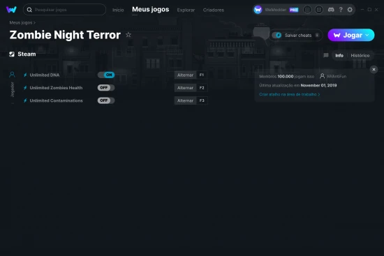 Captura de tela de cheats do Zombie Night Terror