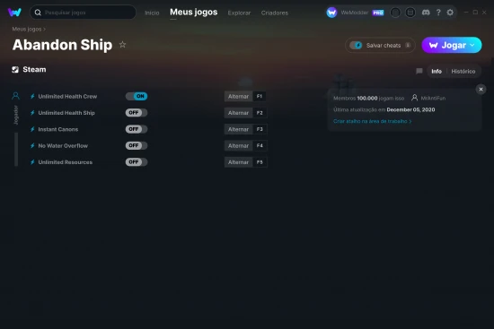 Captura de tela de cheats do Abandon Ship