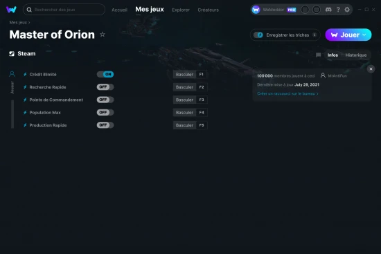 Capture d'écran de triches de Master of Orion